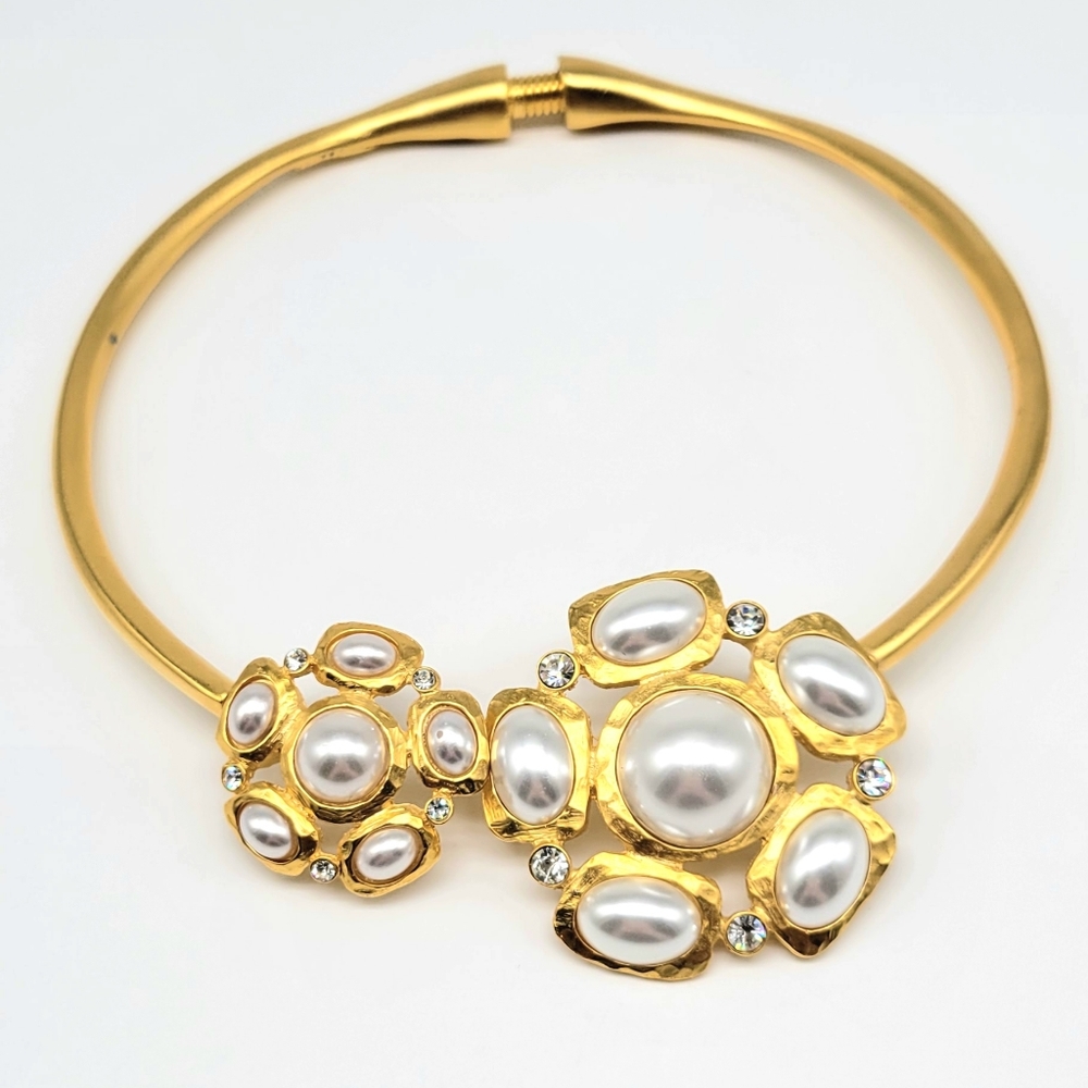 Kenneth Jay Lane Pearl Flower Gold Satin Spring Collar Statement Necklace